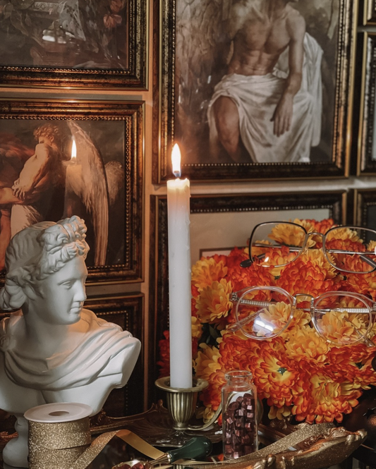 Classical still life oil painting style candlestick arrangement