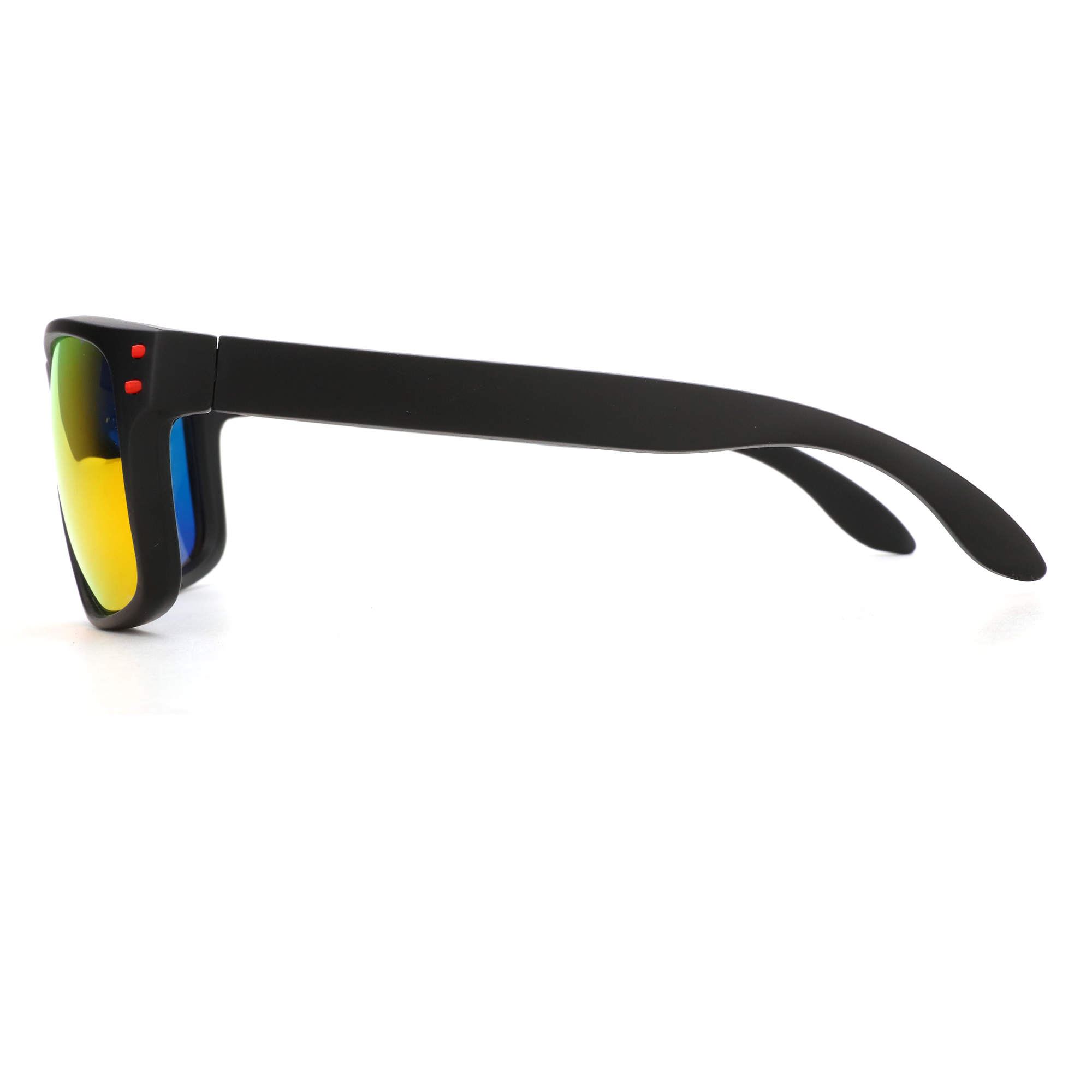Black Zenottic Owen sunglasses with mirrored, multi-colored lenses and subtle red accents on the frame.
