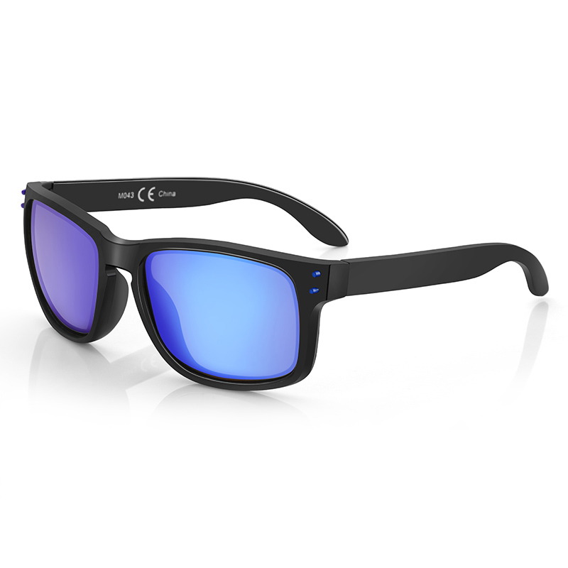 Black Zenottic Owen sunglasses with blue mirrored lenses, featuring a classic square frame and CE China markings.