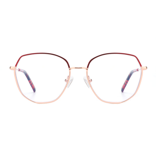 Zenottic Quila Blue Light Blocking Glasses - Metal frame, round shape, red accents, with clear lenses.