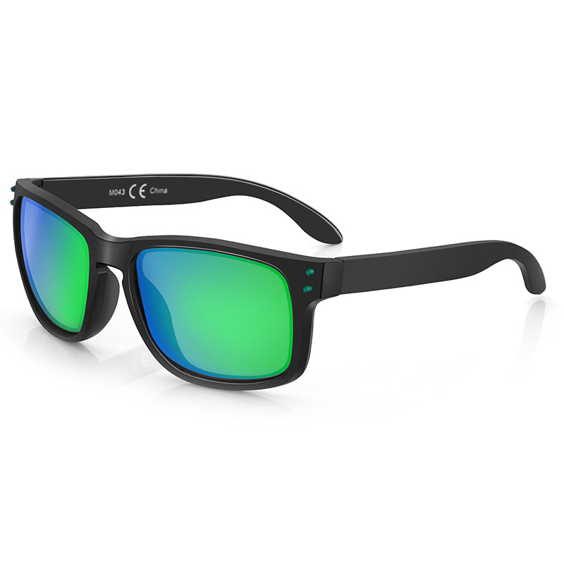 Zenottic Owen black sunglasses with mirrored green-blue lenses and CE marking.