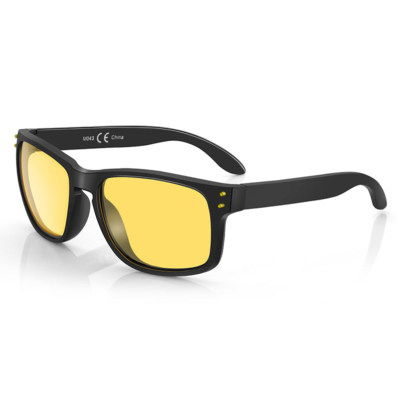 Zenottic Owen black sunglasses with yellow polarized lenses. CE China marking visible.