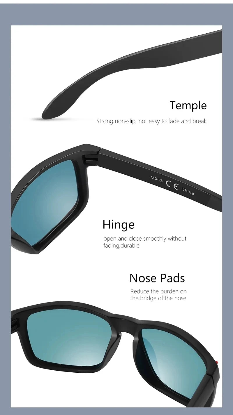 Zenottic Owen black sunglasses with blue lenses, detailing temple, hinge, and nose pads.
