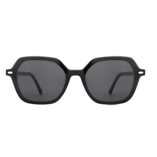 Black geometric acetate sunglasses with dark UV400 resin lenses for women