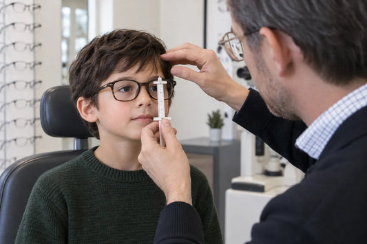 Eye care professional measuring a child's pupillary distance for prescription glasses