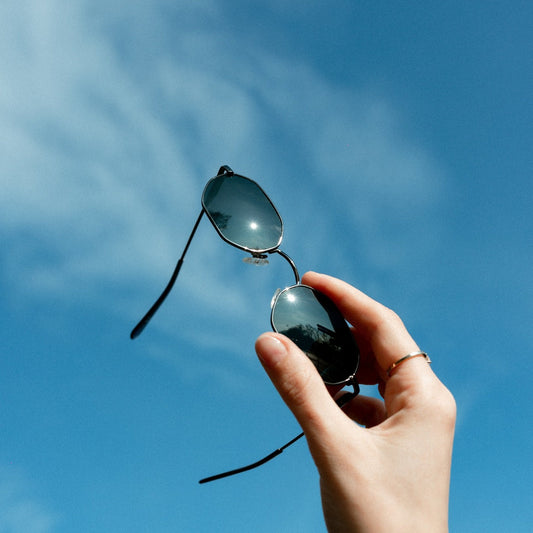 Hand holding geometric metal sunglasses up against a clear blue sky.