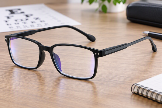 Zenottic black rectangular reading glasses with blue-light lenses rest on a wooden desk beside an eye chart.
