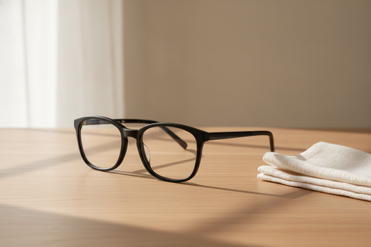 Black zenottic eyeglasses rest on a light wooden table beside a folded white cloth in soft sunlight