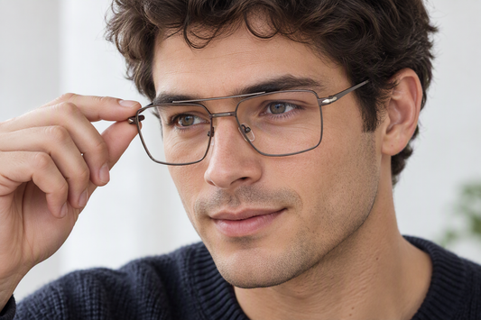 Man adjusting zenottic gunmetal square metal eyeglasses with a double-bridge frame