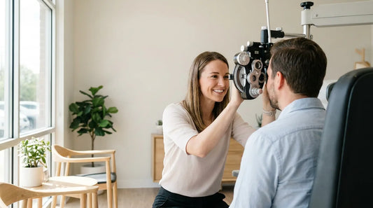 Optometrist checking a patient's eyes through a phoropter during an eye exam that measures astigmatism