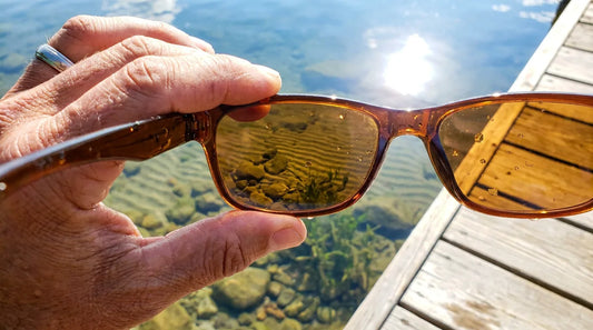 Hand holding Zenottic polarized sunglasses over lake water on a wooden dock to show clear underwater visibility
