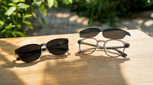 Prescription sunglasses on a sunlit table beside clear eyeglasses with a magnetic clip-on tinted front lifted away