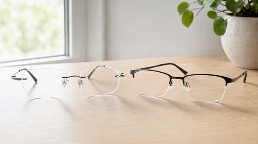 Rimless eyeglasses lying beside semi-rimless eyeglasses on a light wooden desk by a window