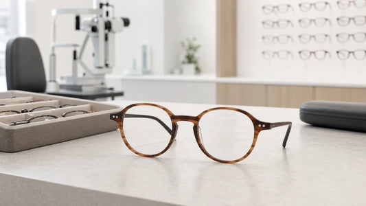 Round tortoiseshell Zenottic eyeglasses on clinic counter with frame tray and black case
