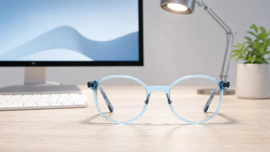 Zenottic Shereen pale blue acetate glasses at an ergonomic computer workstation