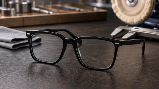Black rectangular Zenottic eyeglasses on dark wood table with optical tools and polishing cloth