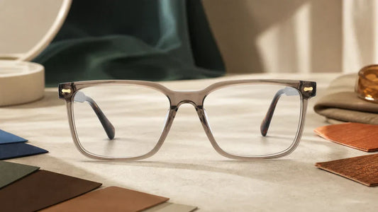 Zenottic Ted transparent grey acetate eyeglasses on a color styling desk