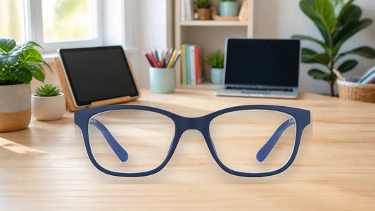 Zenottic Fidelity navy kids' glasses on a bright family homework desk