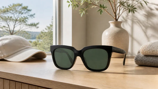 Zenottic Margaret green-lens sunglasses with summer and winter accessories by a sunny window