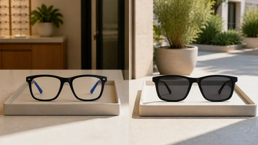 Zenottic Mateo clear glasses and Ladd prescription sunglasses on an indoor-outdoor comparison counter