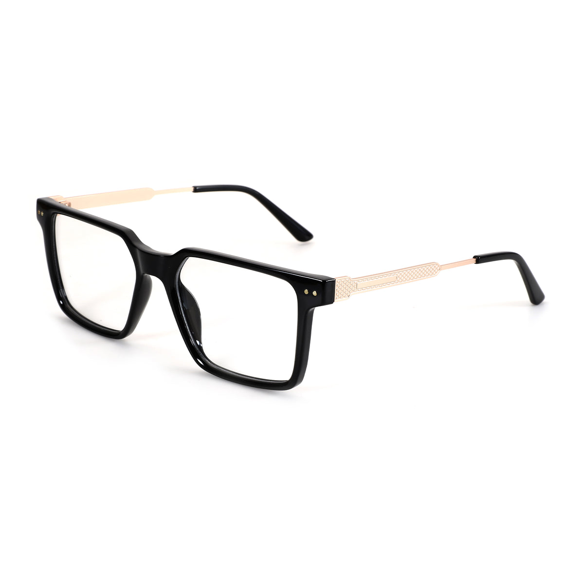 Zenottic Chris eyeglasses feature a black acetate full-rim frame with gold textured temples.