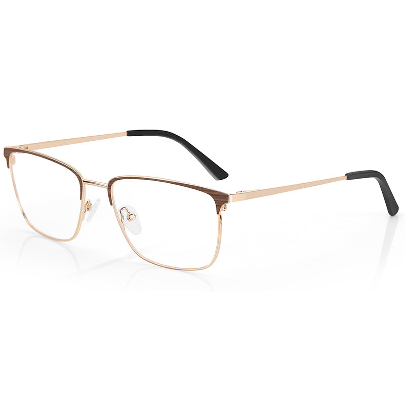 Zenottic square metal frame blue light blocking glasses with wood grain and gold finish