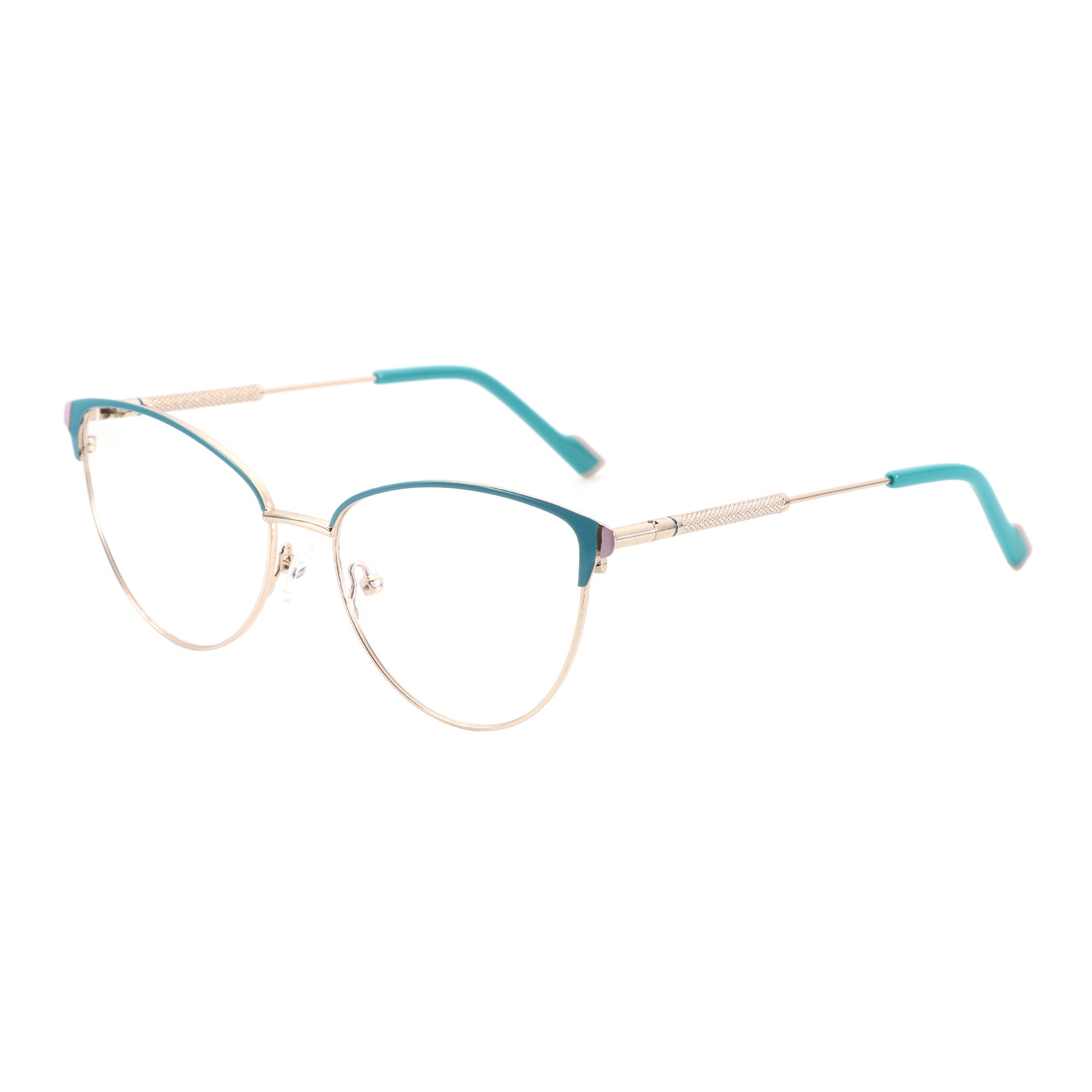 Zenottic Mirabelle eyeglasses, gold metal frame with teal accents, clear lenses, FRHD602
