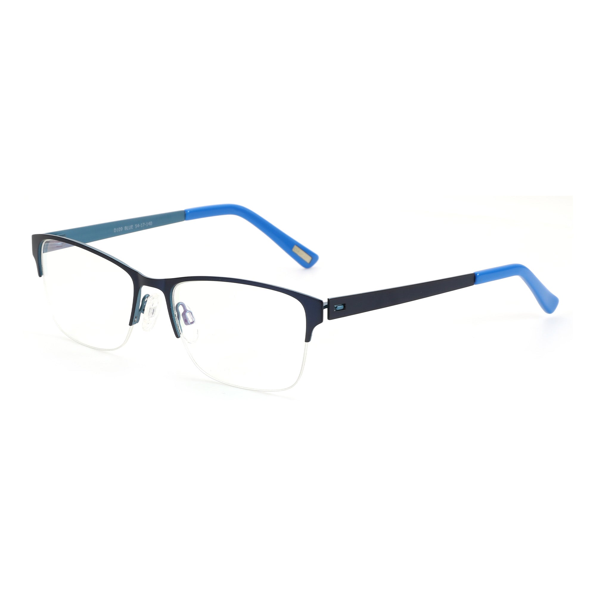 Zenottic Eyeglasses Setlla: Blue metal half-rimmed glasses with contrasting bright blue temples.