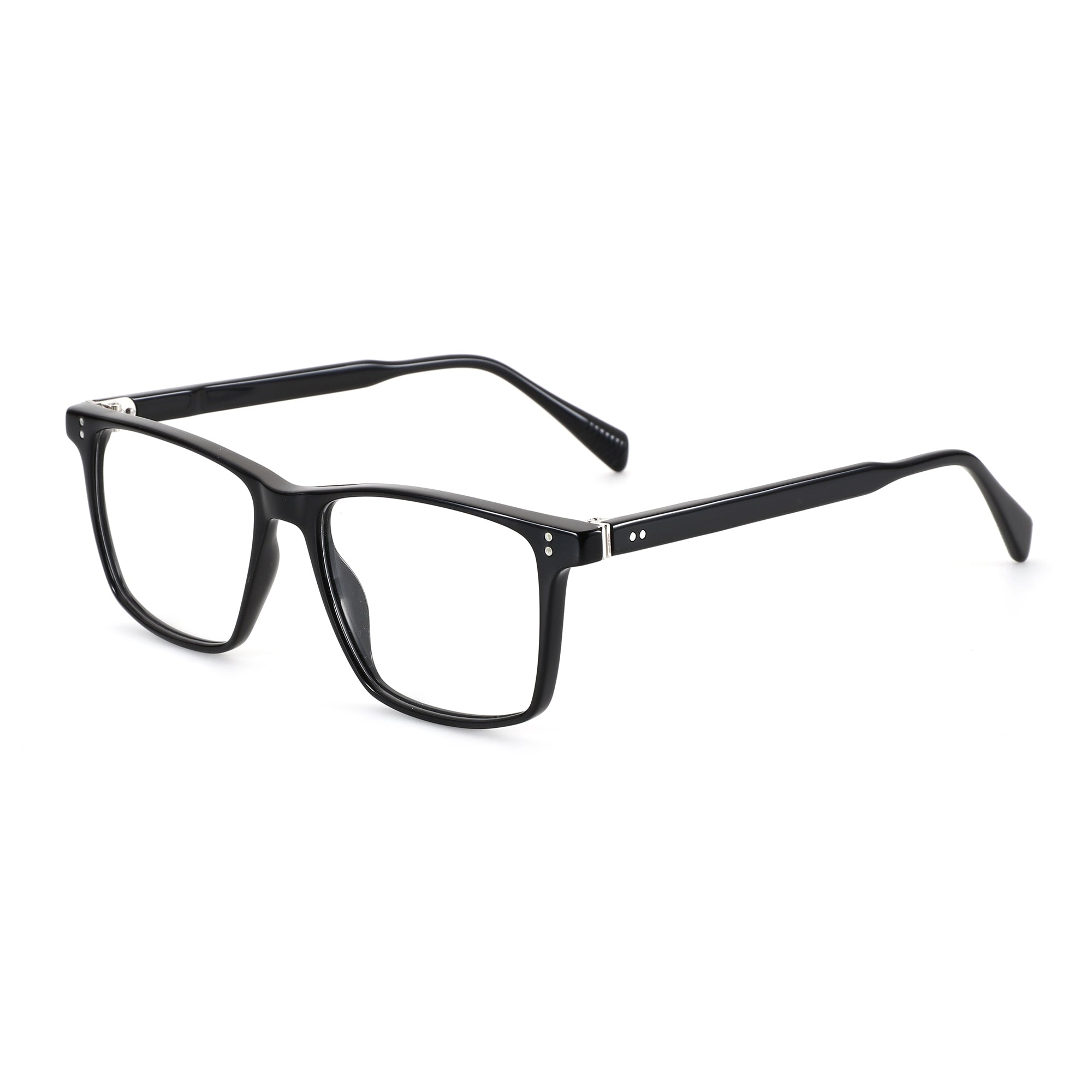 Black acetate eyeglasses with a rectangular frame and silver accent details on the temples.