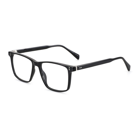 Black acetate eyeglasses with a rectangular frame and silver accent details on the temples.