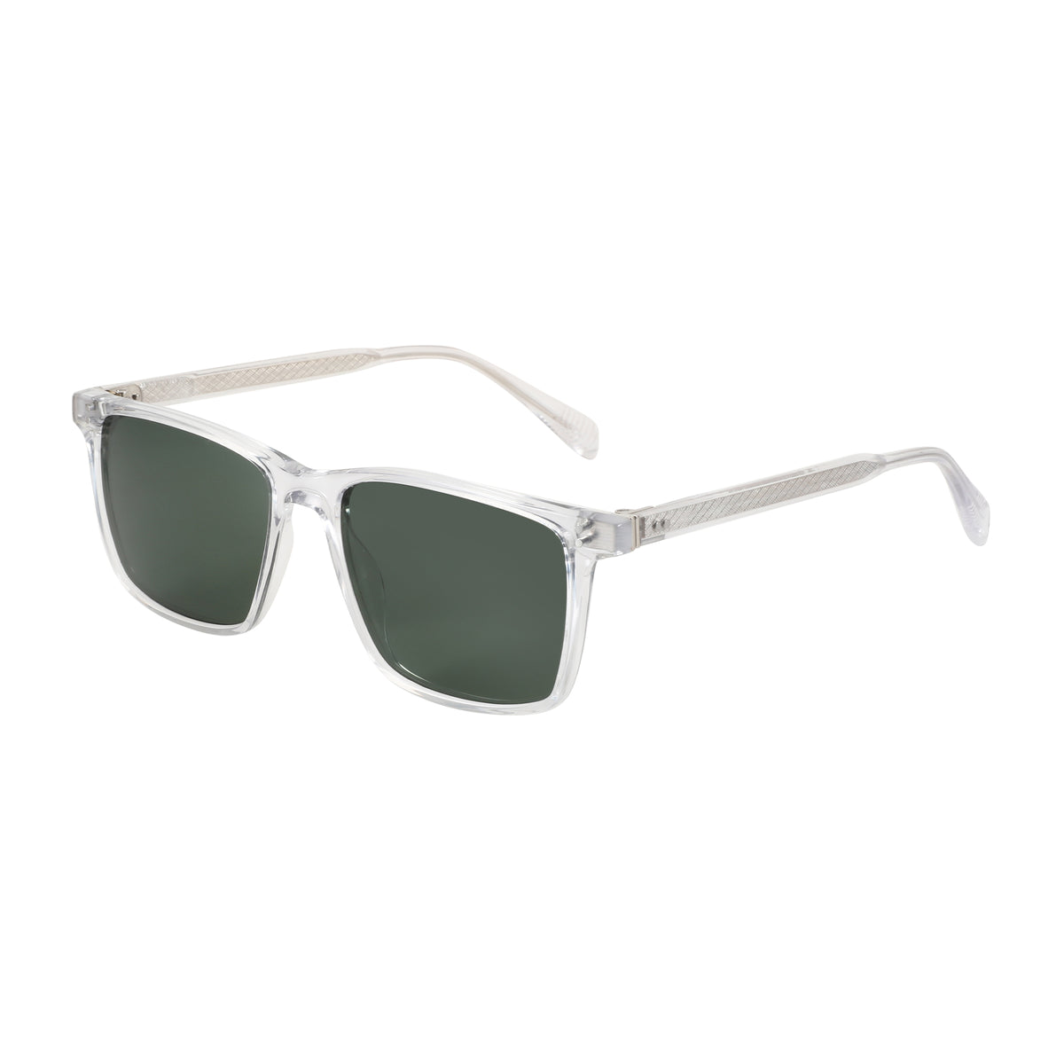 Clear acetate Zenottic Astoria sunglasses with dark green lenses and textured temples.