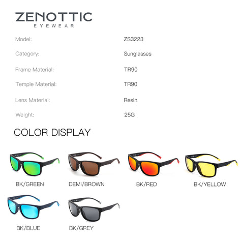 Zenottic Beacher sunglasses in various colors: green, brown, red, yellow, blue, and grey lenses with black TR90 frames.