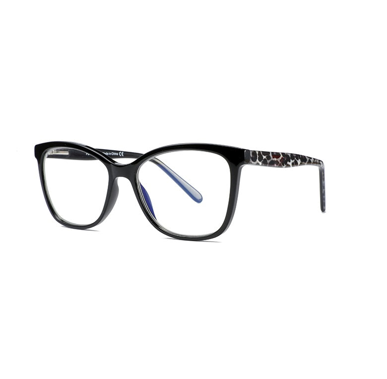 Zenottic Angelia reading glasses with black acetate frame, blue light filter and leopard print temple arms