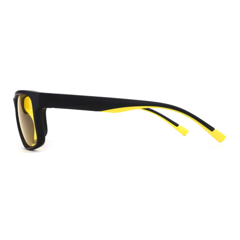 Zenottic black square sports sunglasses with yellow accents and amber lenses.