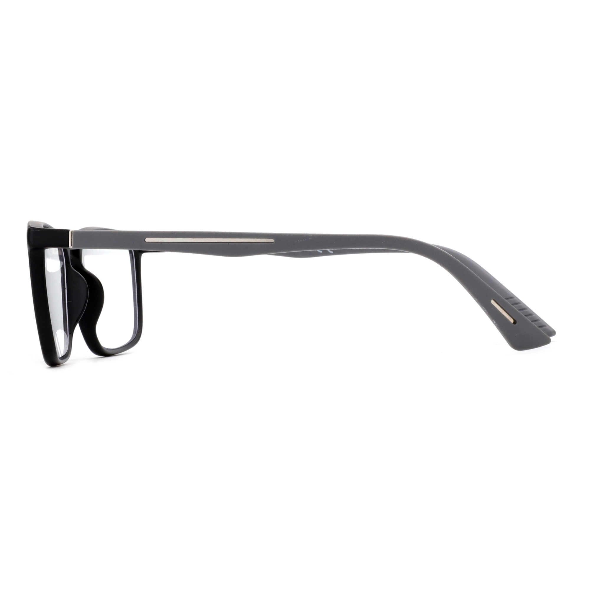 Zenottic Don reading glasses side view, black square frame, gray temples, blue light lens