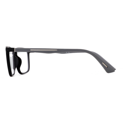 Zenottic Don reading glasses side view, black square frame, gray temples, blue light lens