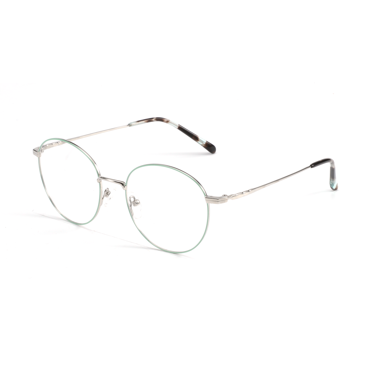 Zenottic Damian eyeglasses, round metal frame with green outline and tortoiseshell temples