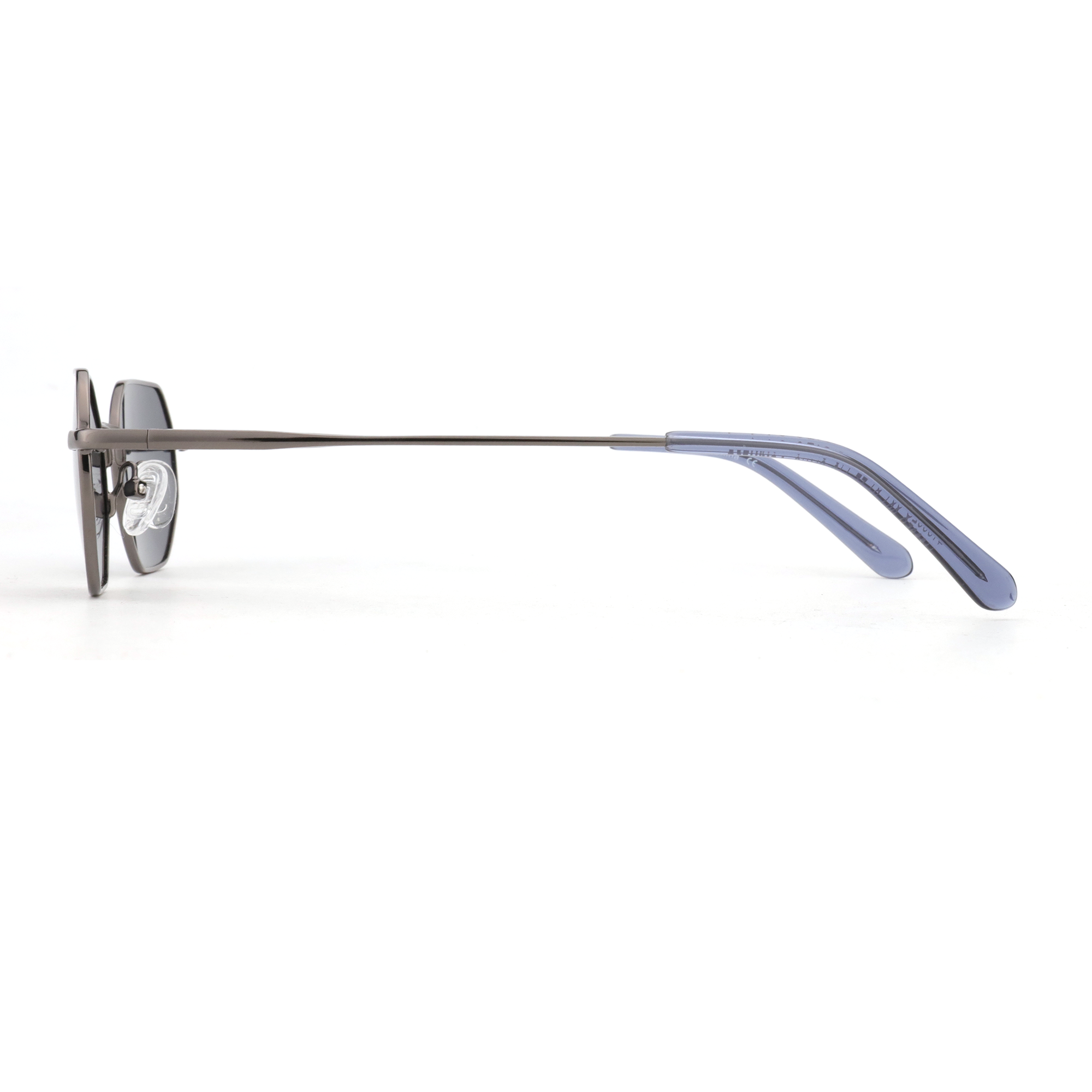 Zenottic Lucas sunglasses side profile, metal frame, dark gray lenses, and blue temples