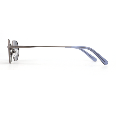 Zenottic Lucas sunglasses side profile, metal frame, dark gray lenses, and blue temples
