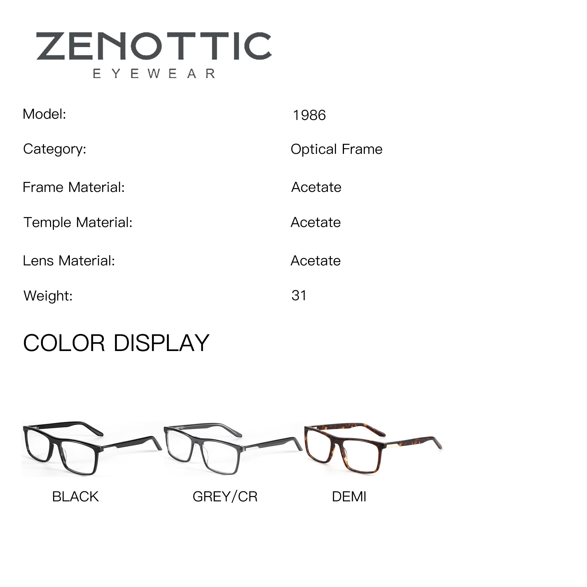 Zenottic Jacob eyeglasses product specifications: Rectangle frame, acetate material, black/grey color, lens width 58mm.