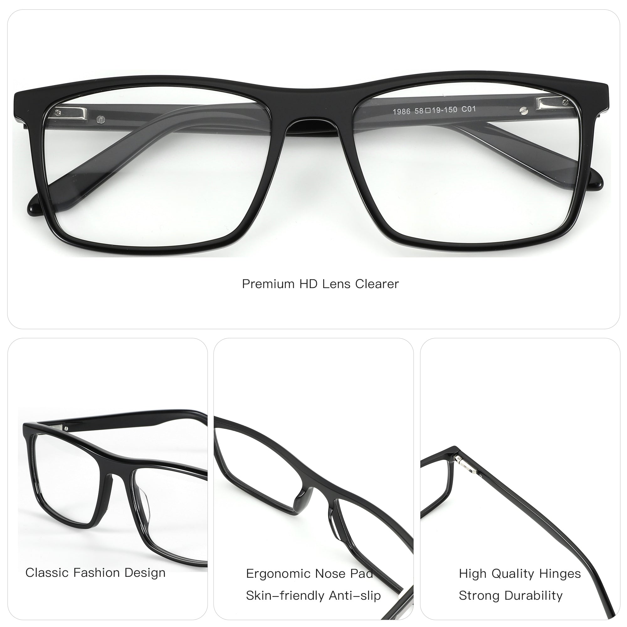 Zenottic Jacob eyeglasses details: temple, nose pad, and hinge. Black acetate frame for men's eyewear.