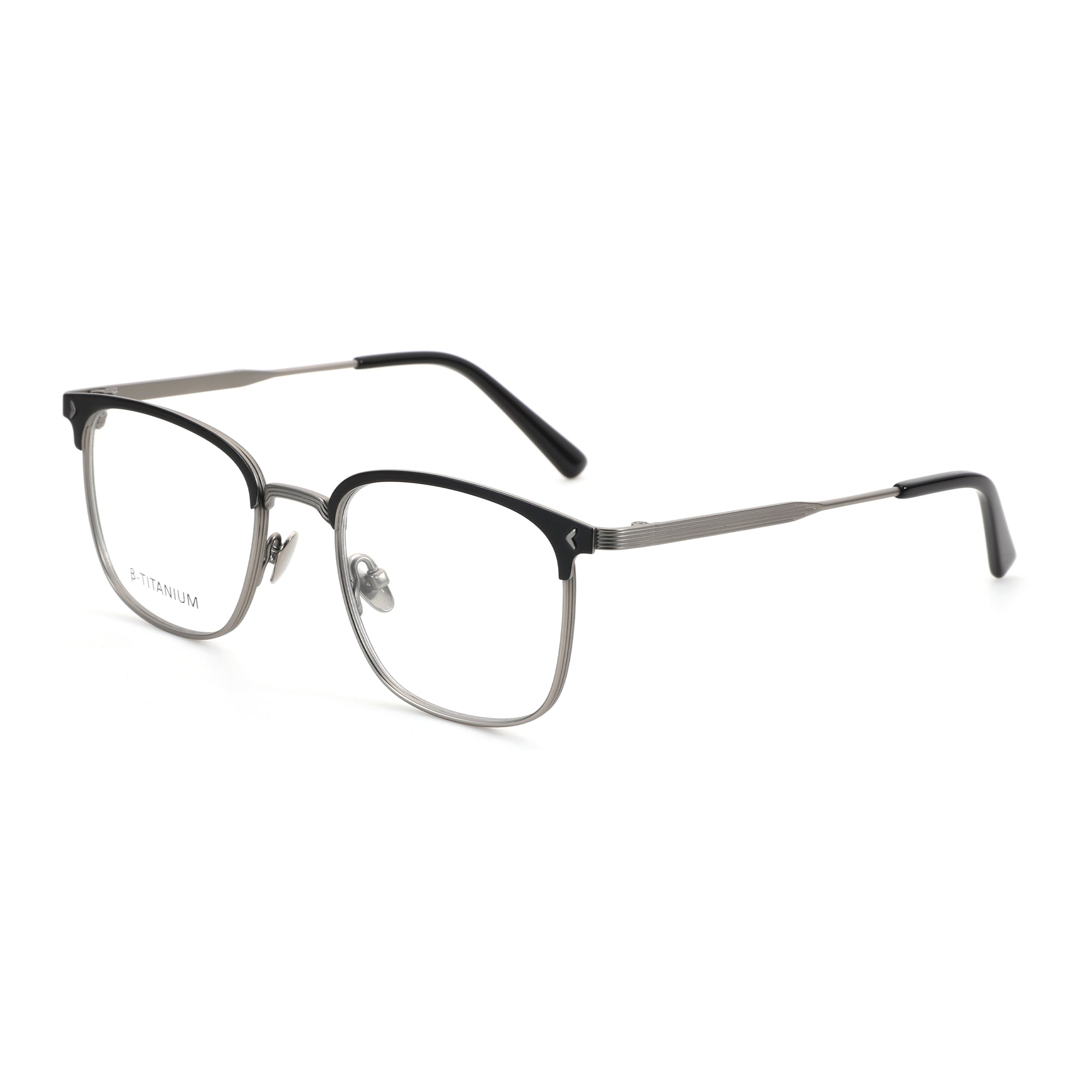 Zenottic eyeglasses with black upper frame and B-Titanium lower frame