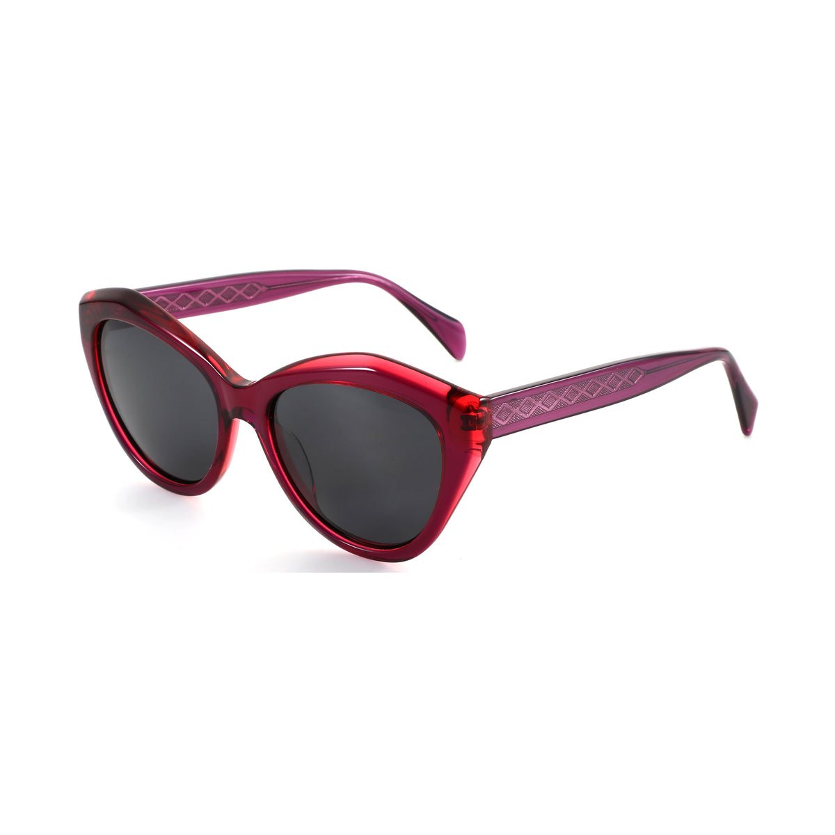 Zenottic Lavinia sunglasses with purple translucent frame and dark lenses, featuring embossed temple detail.