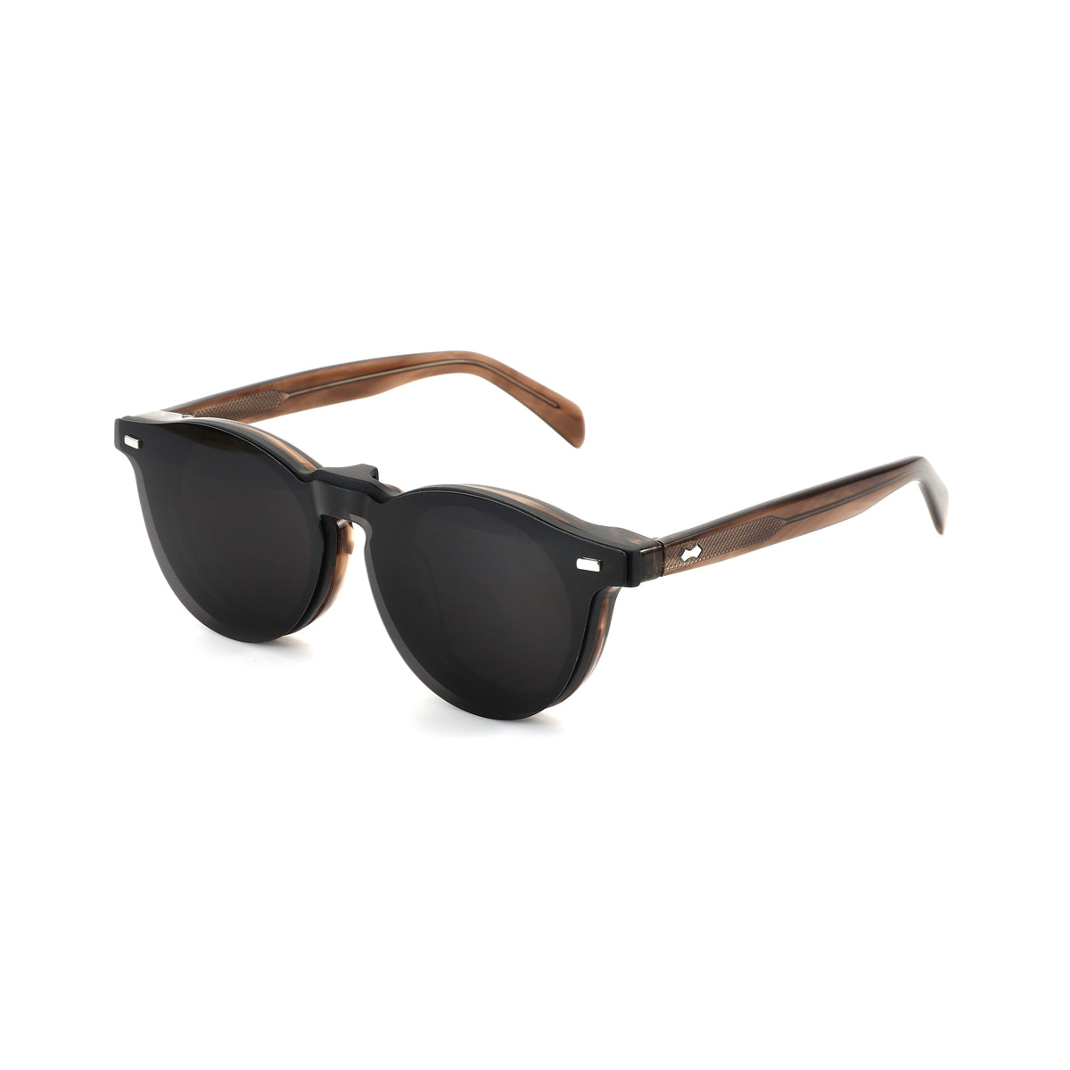 Zenottic Penny round sunglasses: black acetate, wood temples, dark lenses, silver accents. Product appearance.