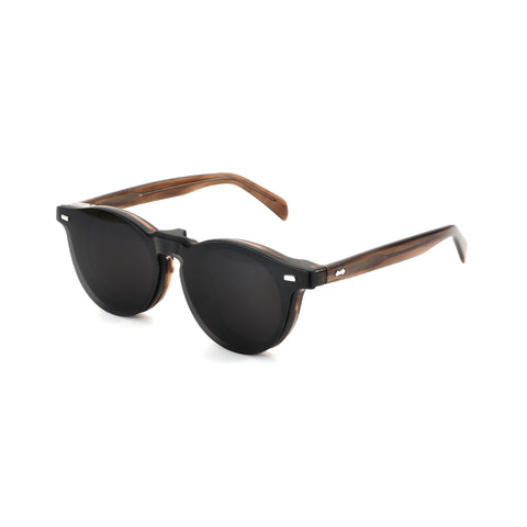 Zenottic Penny round sunglasses: black acetate, wood temples, dark lenses, silver accents. Product appearance.