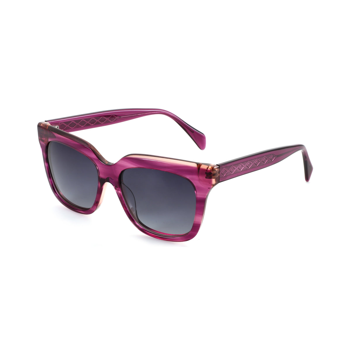 Zenottic Anthea square purple sunglasses with diamond pattern on temples.