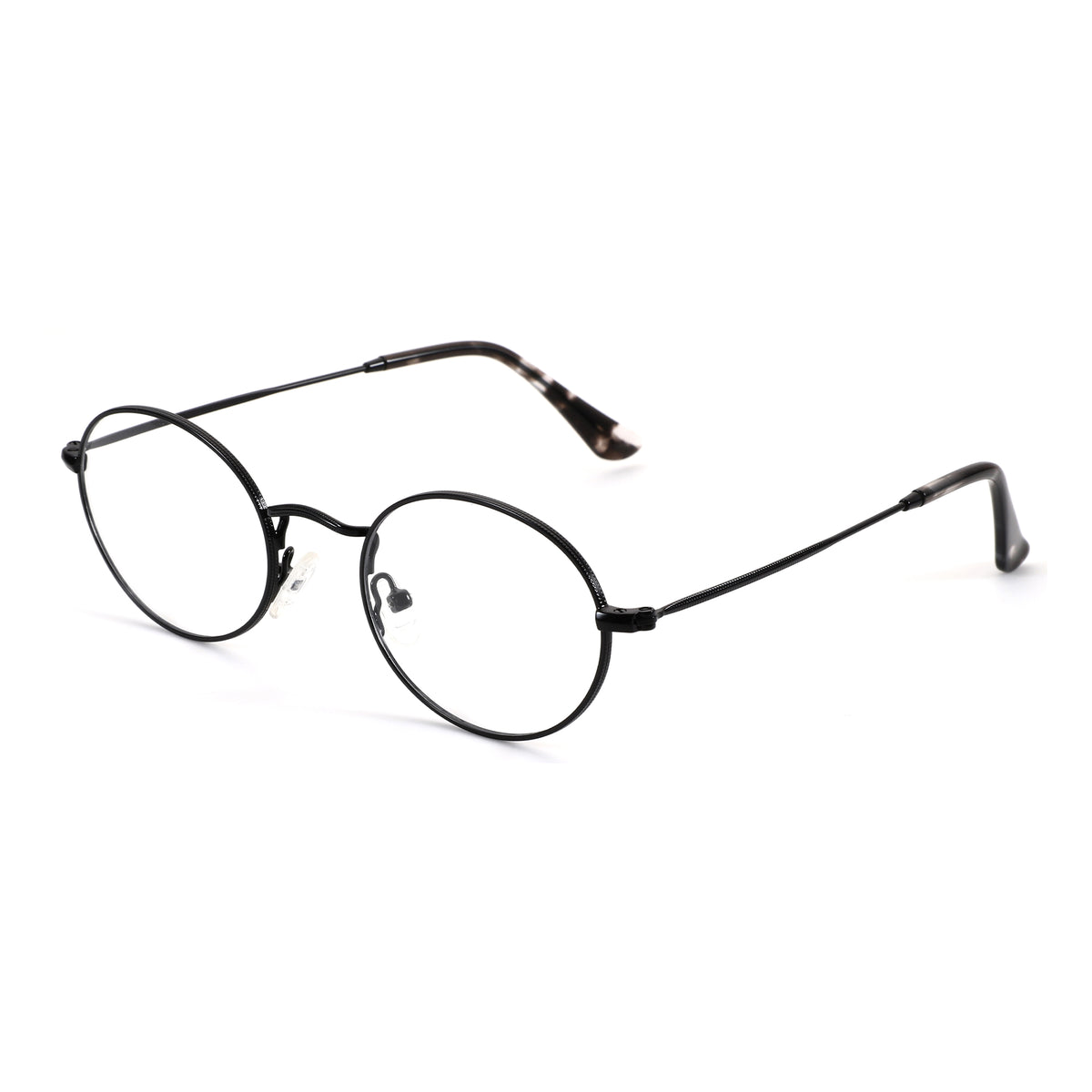 Zenottic Damon black metal round eyeglasses with clear lenses and tortoise-shell temple accents.