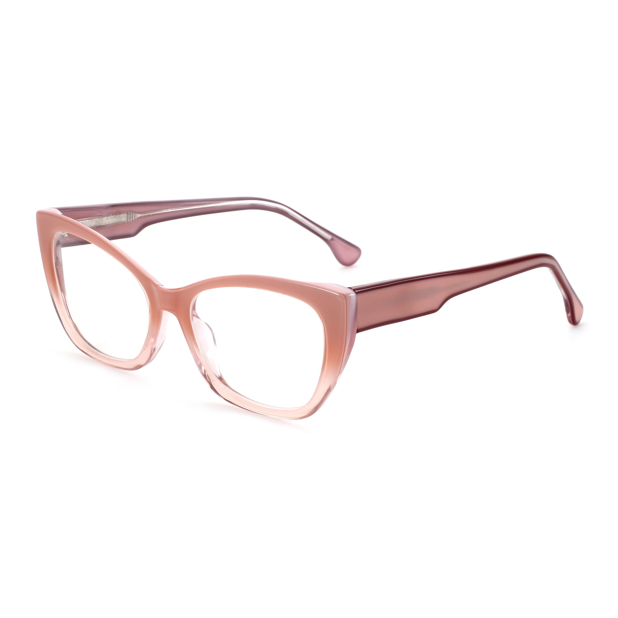 Zenottic Mignon pink cat-eye acetate eyeglasses with clear lenses and rose gold temples.