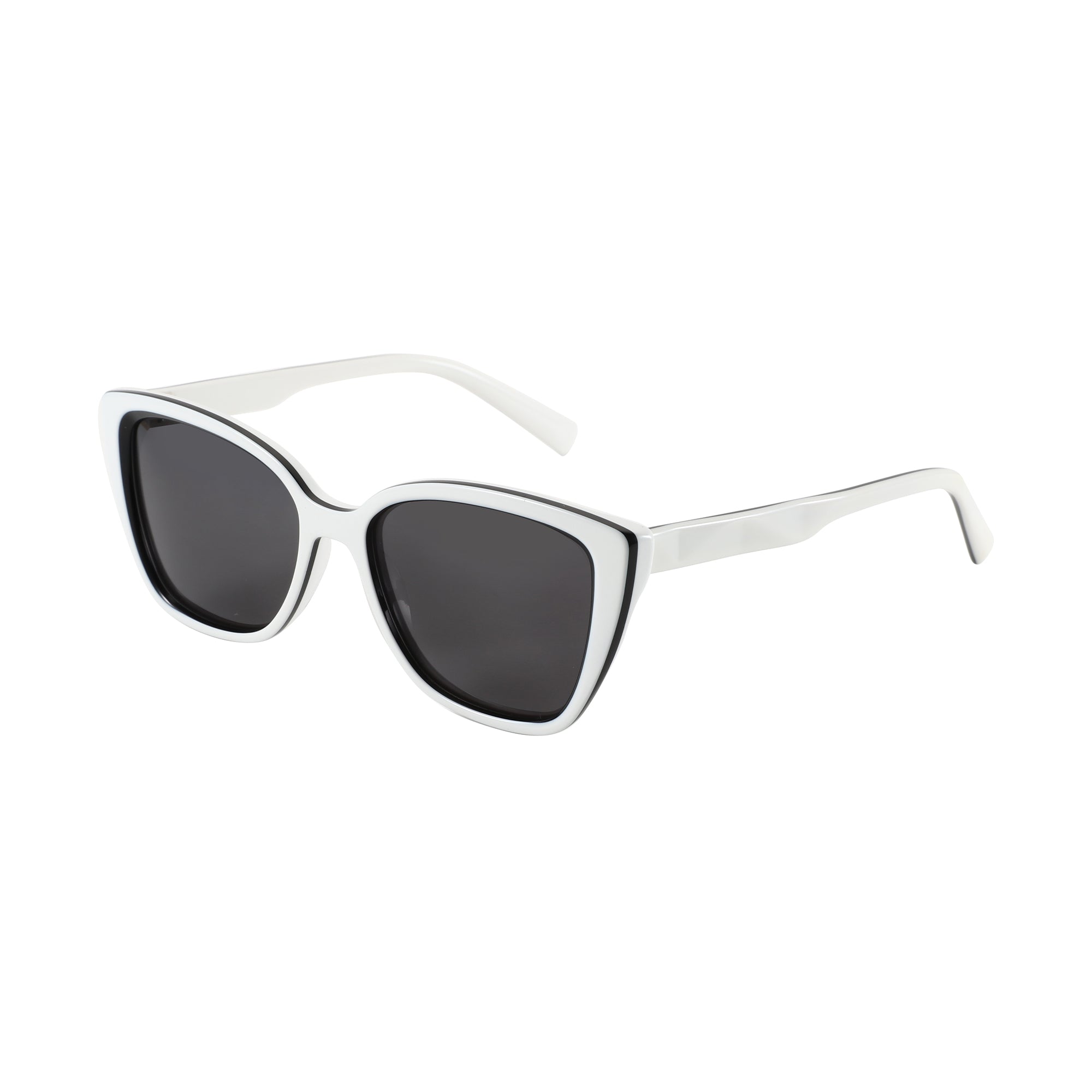 Zenottic Suzanne women's white angular sunglasses with black rim and dark gray lenses, acetate frame.