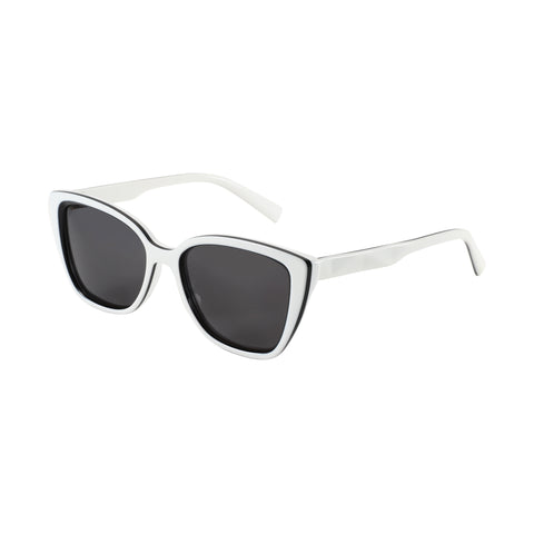 Zenottic Suzanne women's white angular sunglasses with black rim and dark gray lenses, acetate frame.